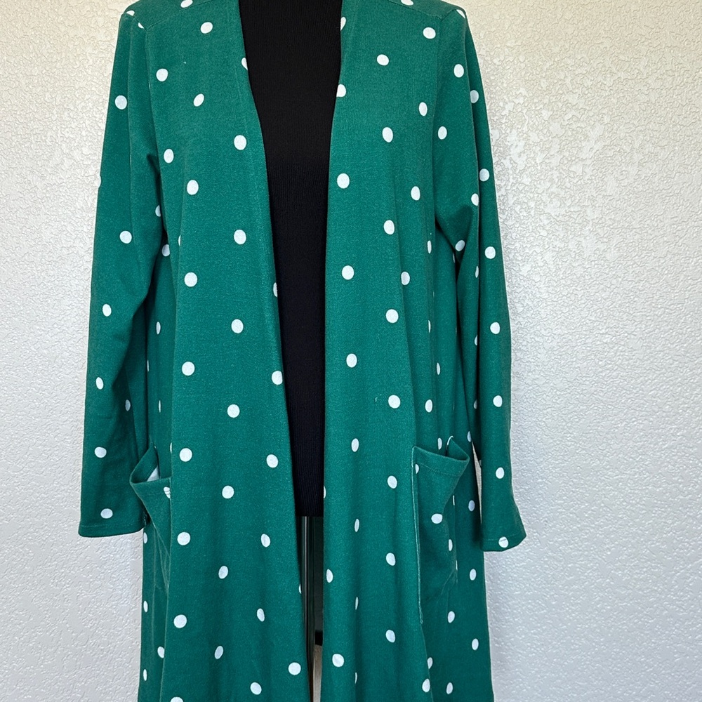 LuLaRoe Green and White Polka Dot Cardigan Sweater